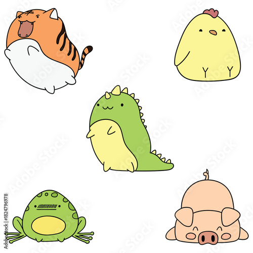 Hand-drawn cartoon set of kawaii animals on a white background. Tiger, chick, crocodile, frog, pig.