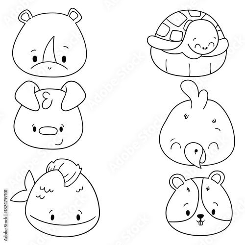 Hand-drawn doodle set of animal faces on a white background. Rhinoceros, turtle, dog, parrot, fish, hamster.