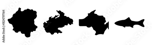 Geographic landmass silhouettes and fish outline simple icon