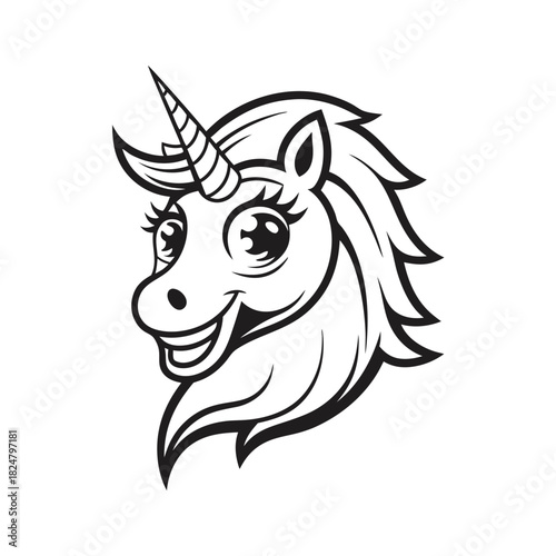 Smiling unicorn head with flowing mane showcases cartoonlike simple lineart that appears playful