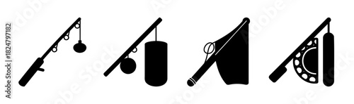 Fishing rod equipment icons set, silhouette fishing gear