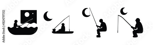 Silhouettes of people fishing under a moonlit night sky