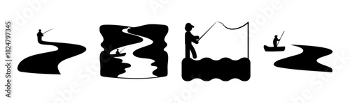 Outdoor fishing and river scene vector silhouettes on white