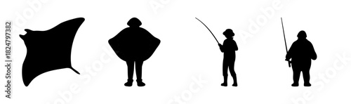 Diverse silhouettes: manta ray, person, and two fishermen rods.