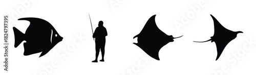 Silhouettes of tropical fish, manta rays, and a fisherman