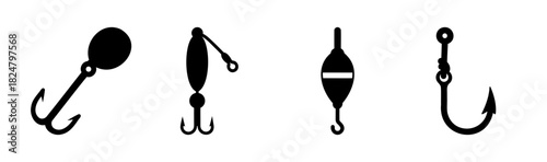 Fishing tackle elements icon set, hooks, lures, and bobber