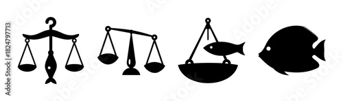 Balance scales with fish icons, symbolizing weight & justice