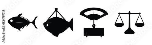 Weighing fish and different types of scales vector icon set