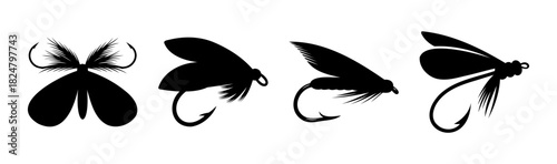 Various fly fishing lures and artificial baits on hooks silhouette