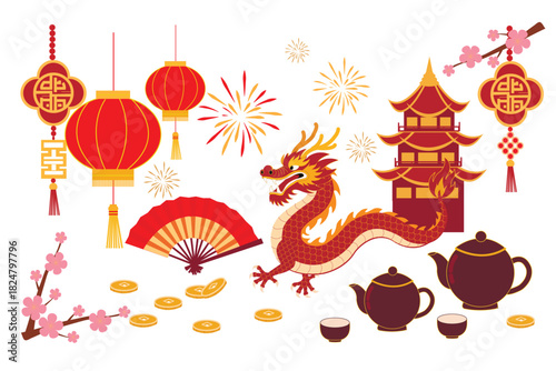 Chinese New Year Festive Set, Traditional Chinese Lanterns, Dragon, Gold Coins, Teapot and Cups, Fan, Chinese Pagoda, Fireworks.eps
