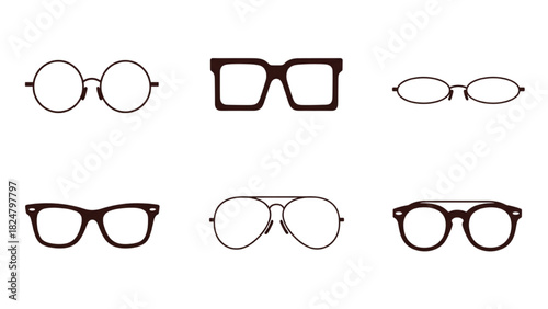 Eyeglasses frame silhouettes vector collection. Spectacles and sunglasses icon set. Optical vision accessories.