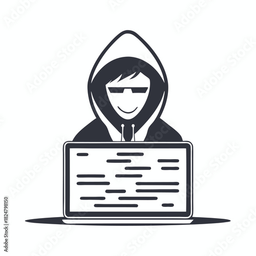 Masked figure types on a keyboard amidst connected monitors in a digital realm