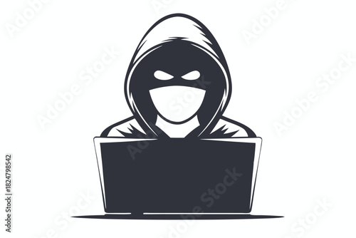 Monochrome hacker in hoodie operates a computer, seemingly engaged in illegal activities online