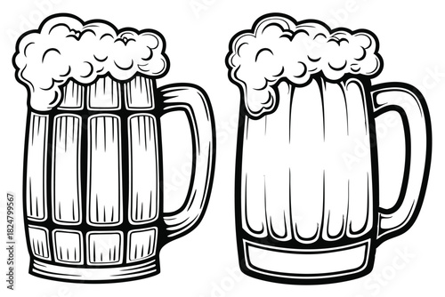 Two beer mugs are full with foamy brew in this black outline image