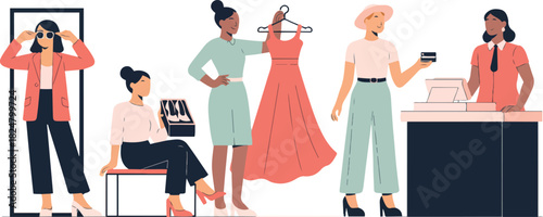 Women shopping apparel fashion store trying clothes credit card cashier accessories retail commerce customer buying dress indoors vectors Illustration