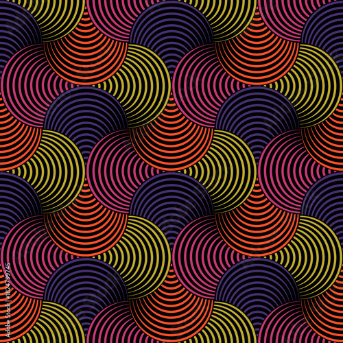 Traditional Japanese striped circles vector seamless pattern. Versatile graphic asset. Hypnotic visual effect. Great for digital backgrounds.