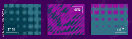 Cover templates with halftone structure patterns vector bunch. Innovative busines brochure cover pages. Decorative backdrops for technological projects. Folder mockups.