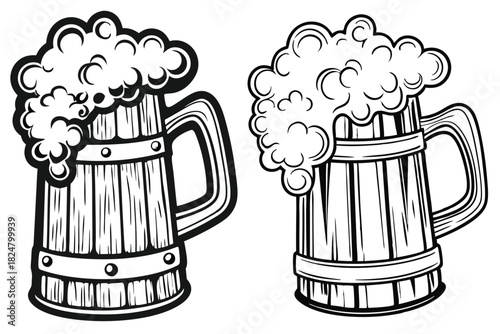 Two stylized monochrome beer mugs overflow with frothy foam creating an iconic beverage duo