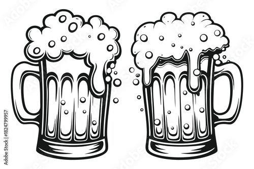 Two beer mugs filled with foamy beer are isolated against a plain white background