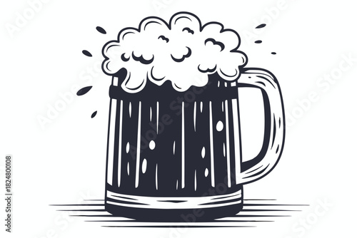 Monochrome beer mug sketch overflows with frothy foam against a white background