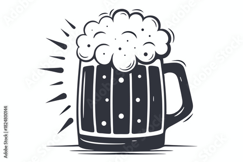 Stylized black and white beer mug overflows with dense foam and radiating energy