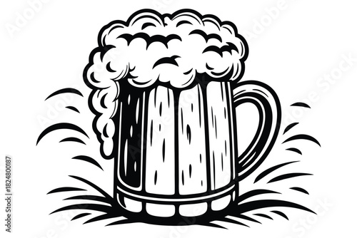 Stylized beer mug with overflowing foam depicts an isolated object on a white backdrop