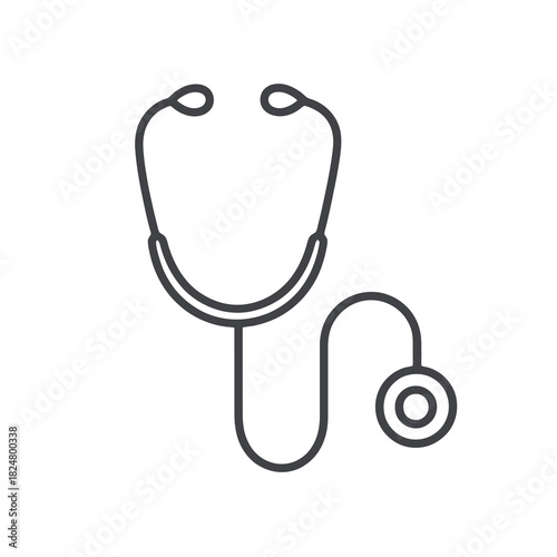 Fine line stethoscope icon symbolizing medical diagnosis and healthcare professional tools, ideal for clinic visuals, health apps and hospital resource icons