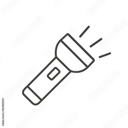 Fine line flashlight icon symbolizing illumination and search tool, ideal for emergency kit visuals, outdoor gear representation and night exploration resources