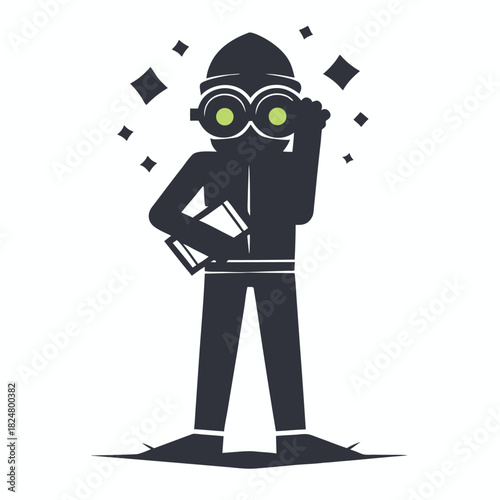 Silhouette person peers through binoculars, book in hand, with sparkling diamondlike shapes around