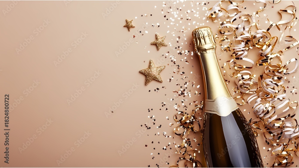 Obraz premium Celebration background with golden champagne bottle, confetti stars and party streamers. Christmas, birthday or wedding concept. Flat lay.