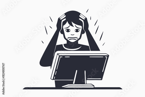 Stressed person with hands on head looks at computer screen in monochrome style