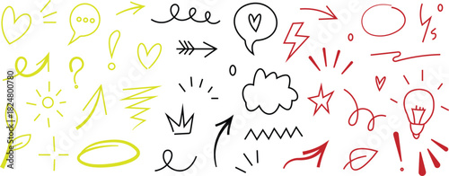 Assortment of Hand- Drawn Icons and Symbols in Yellow, Black, and Red hand-drawn