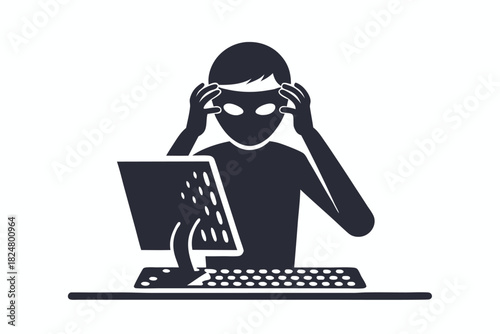 Silhouette of a man at a computer appears frustrated while grabbing his head in despair