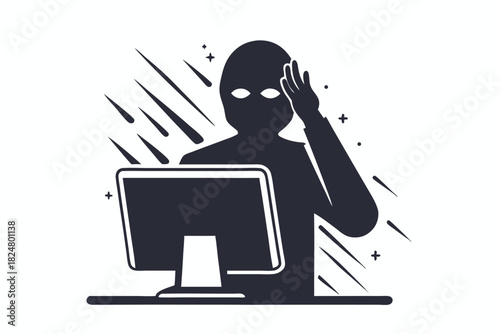 Silhouette of a masked person pauses at a computer, accented by abstract design elements