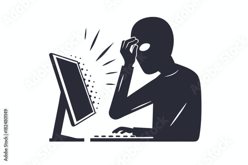 Silhouette depicts a man working at a computer with apparent distress or frustration, showing burnout