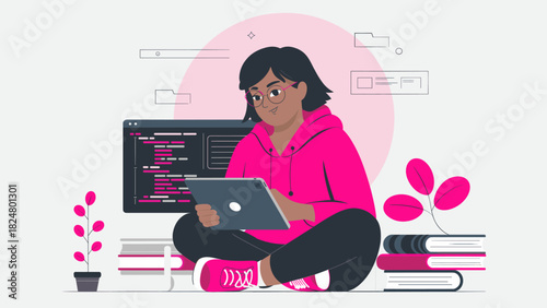 woman coding on a tablet surrounded by books, vector illustration for software development, stem education and women in tech
