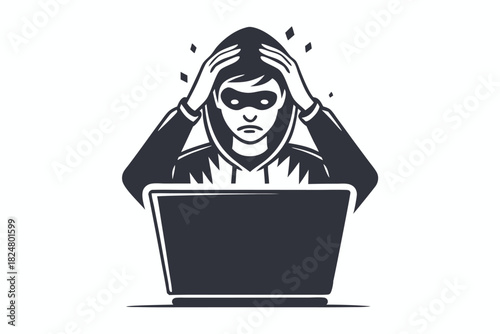 Stressed hacker with mask holds head while working on a laptop, feeling frustrated
