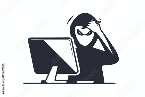 Masked hacker faces computer screen holding his head in apparent frustration or problemsolving