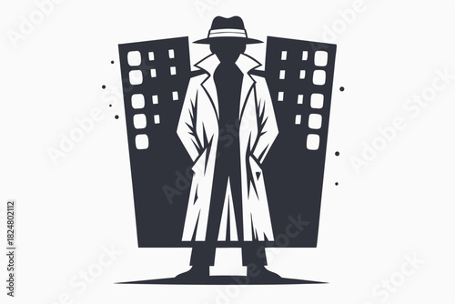 Man in hat and trench coat stands before four monitors attentively, silhouette design