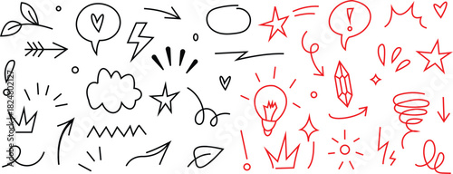 Collection of Hand Drawn Doodle Elements Arrows Hearts Stars Lightning Bolts and Clouds in Black and Red