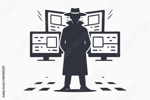Silhouette of a man in a trench coat stands before several computer monitors mysteriously