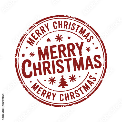A red circular stamp features repetitive 'Merry Christmas' text and star motifs