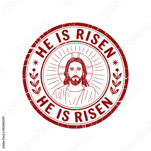 A red emblem features a depiction of Jesus surrounded by the words 'He Is Risen'.
