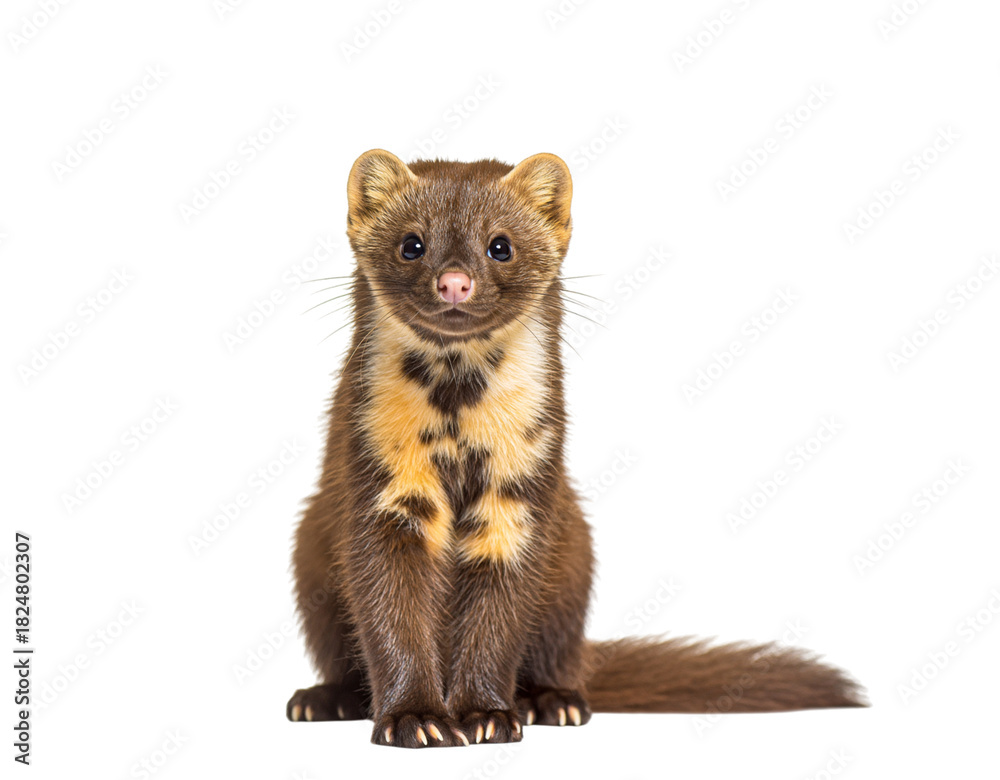 Fototapeta premium A cute brown fisher or marten with a yellow chest patch sitting, isolated on transparent background