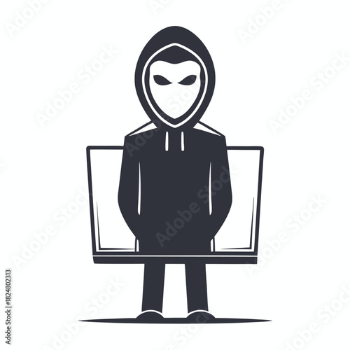 Masked figure in a hoodie sits at a modern desk chair in monotone style