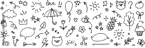 Hand Drawn Doodle Elements and Icons Collection with Stars Clouds Arrows and Animals sketch drawing