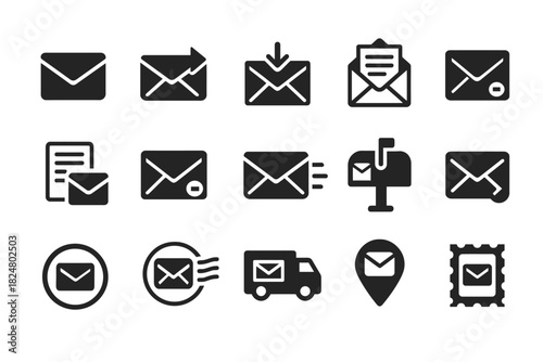 Collection of email and mail icons in black and white