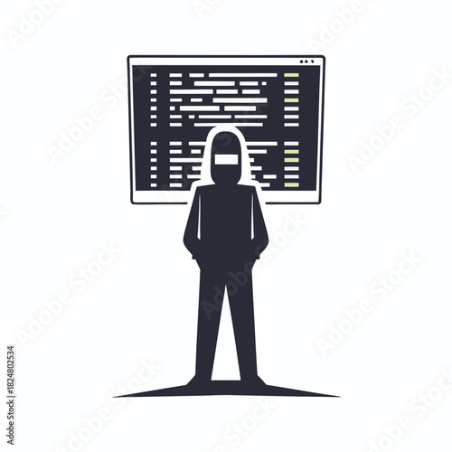 Silhouette faces digital screen with lines, creating dark mood and enigmatic presence