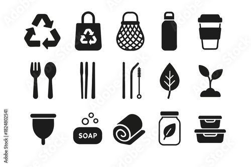 Eco-friendly icons for sustainable living: recycling, reusable bags, bamboo cutlery, and more
