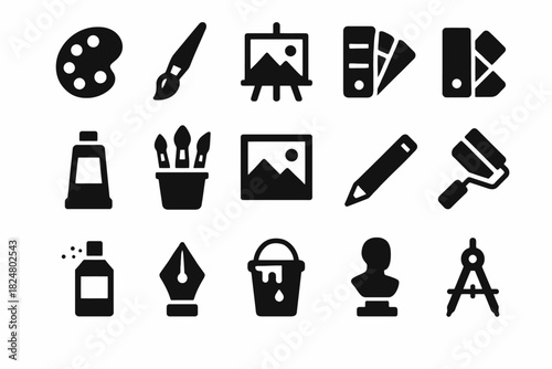 Art tools icons: brushes, palette, easel, paint, roller, pen, compass, bust